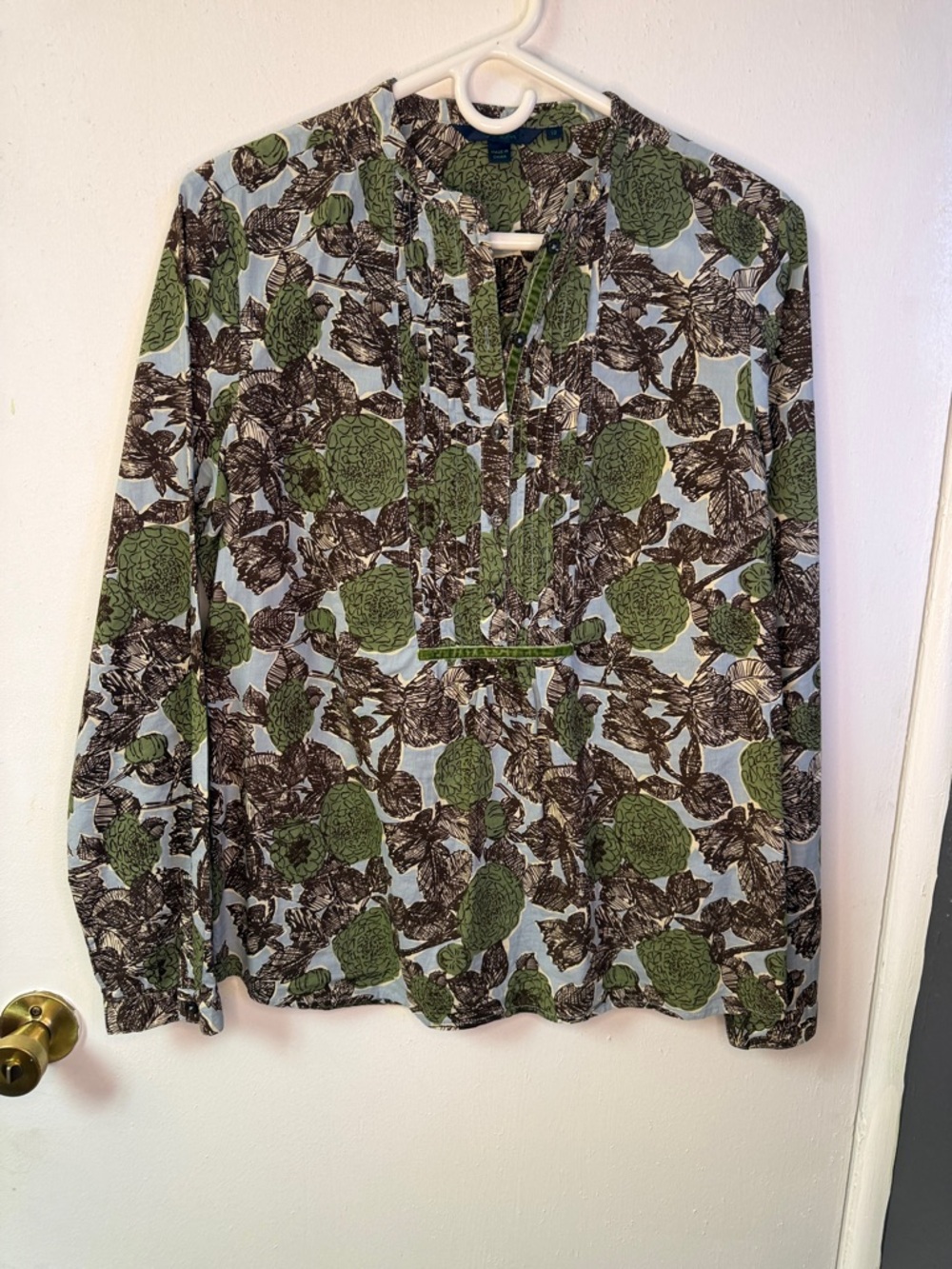 Boden Green and Brown Floral-Print Long-Sleeve Button Down Shirt